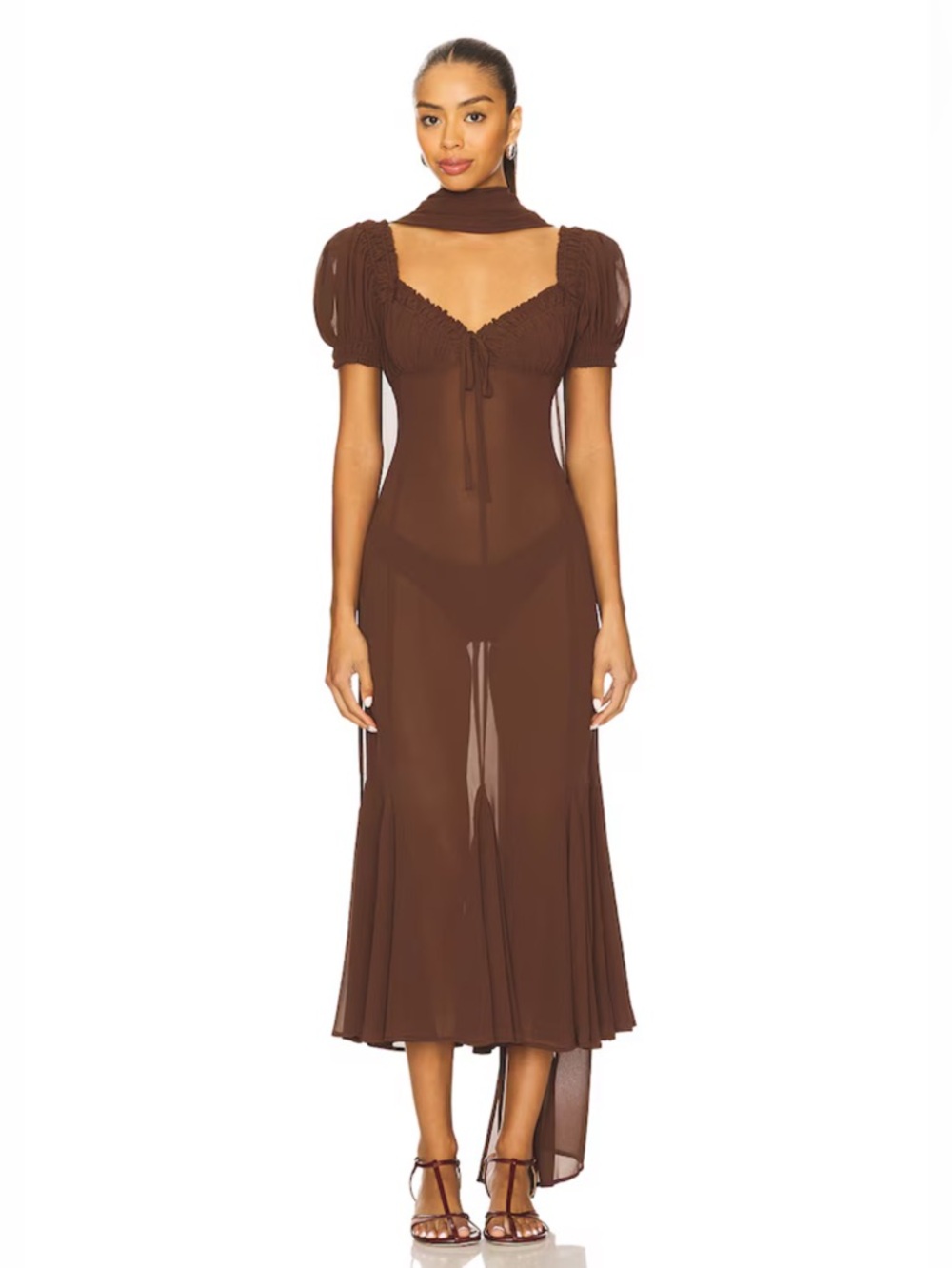 LPA Revolve Davina Chocolate Brown Sheer Puff Sleeve Scarf Midi Dress XL NWT